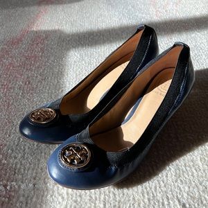 Tory Burch Navy Caroline Wedges Worn twice. Excellent condition